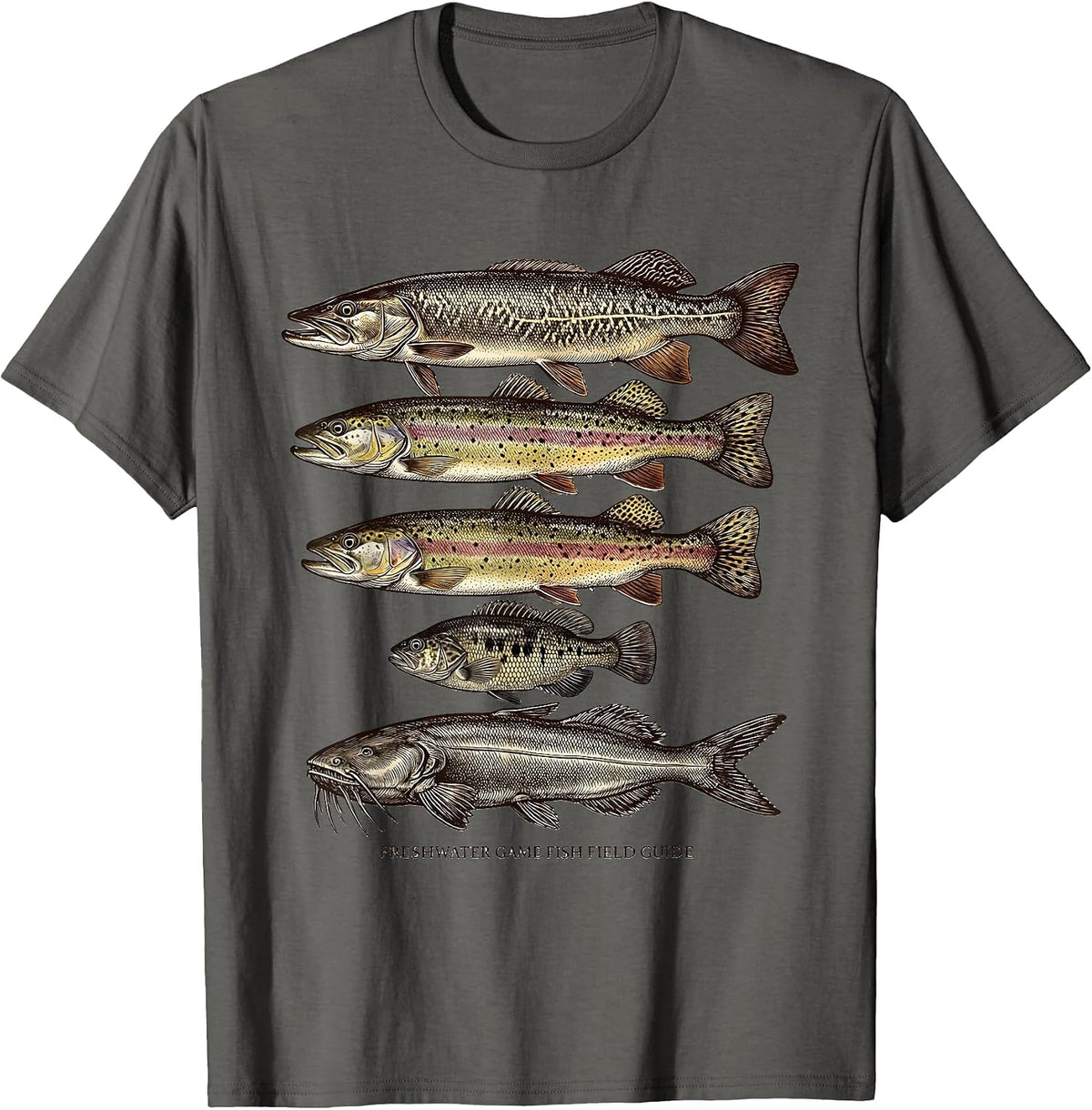 Men's Freshwater Game Fish Field Guide Crosshatch Etching Fishing T-Shirt - Asphalt Grey