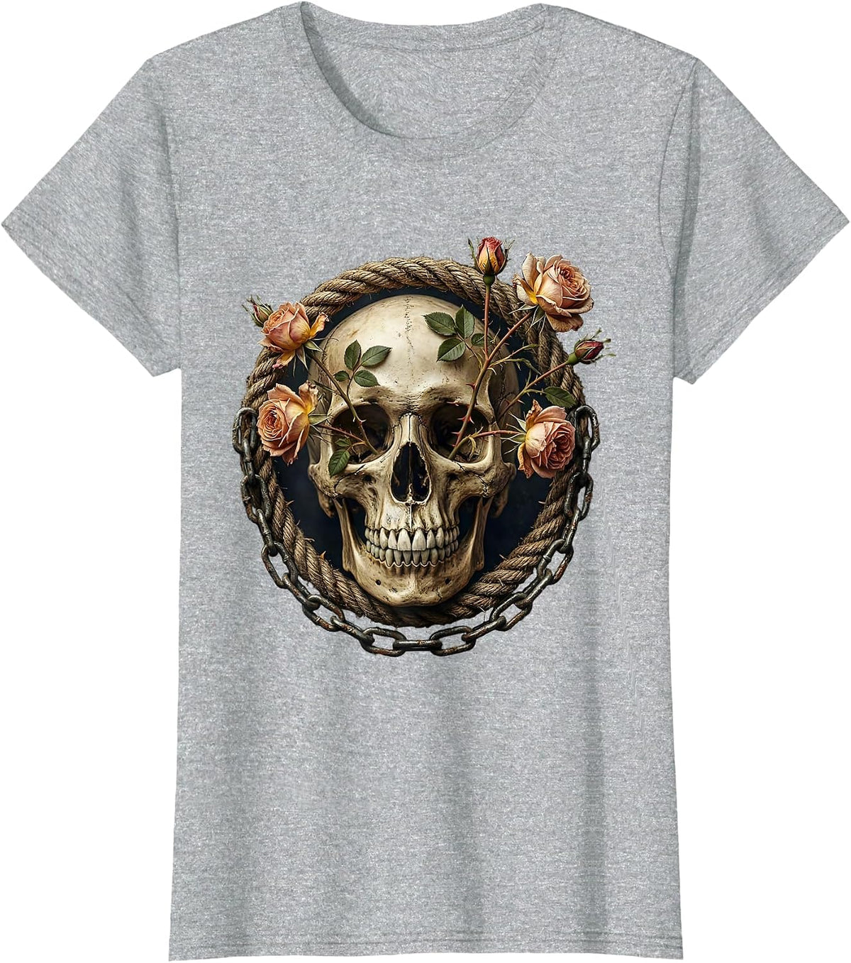 Skull and Wild Roses Through Eye Graphic T-Shirt - Heather Grey