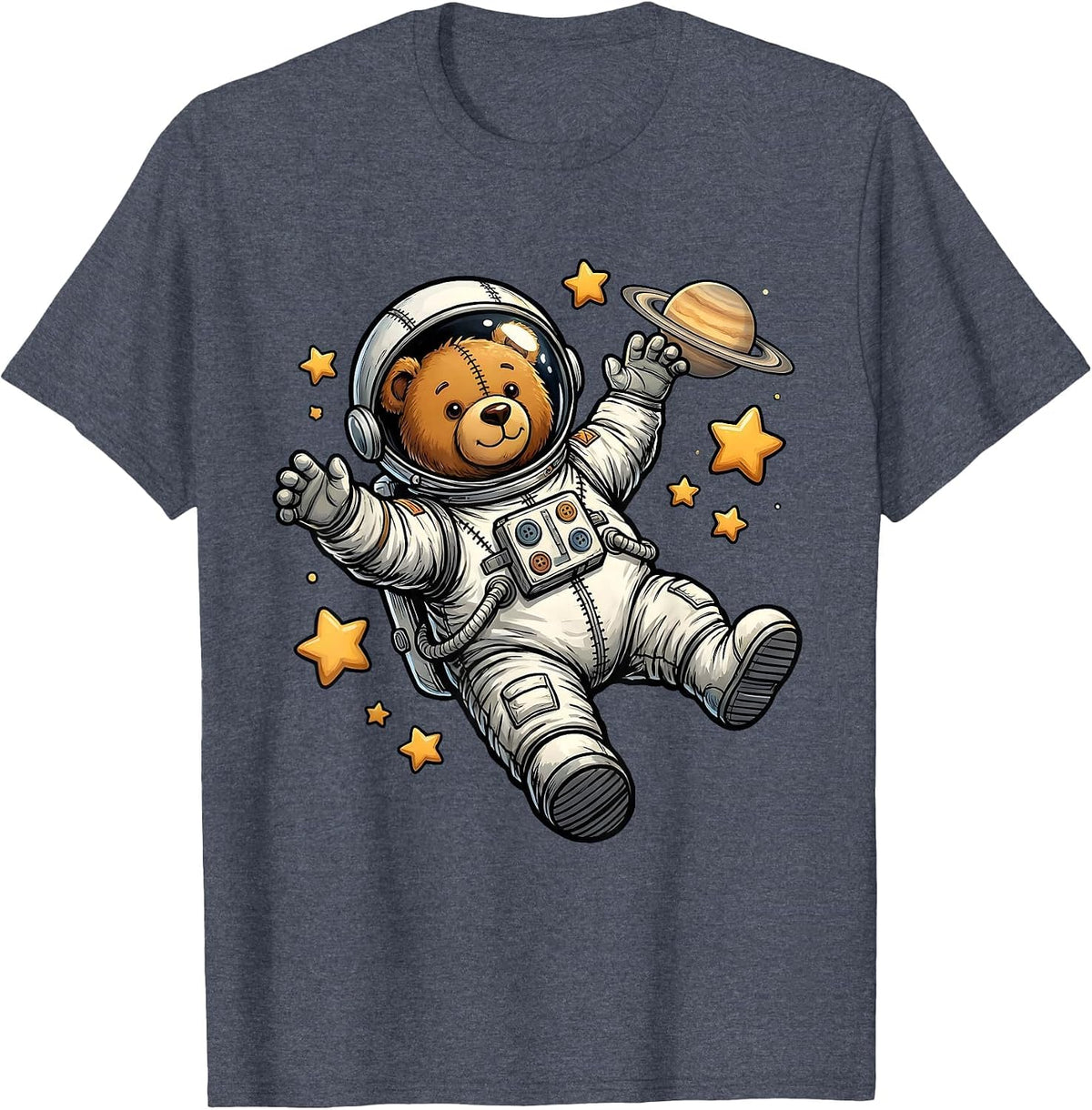 Teddy Bear Astronaut Floating in Outer Space T-Shirt - Heather Blue