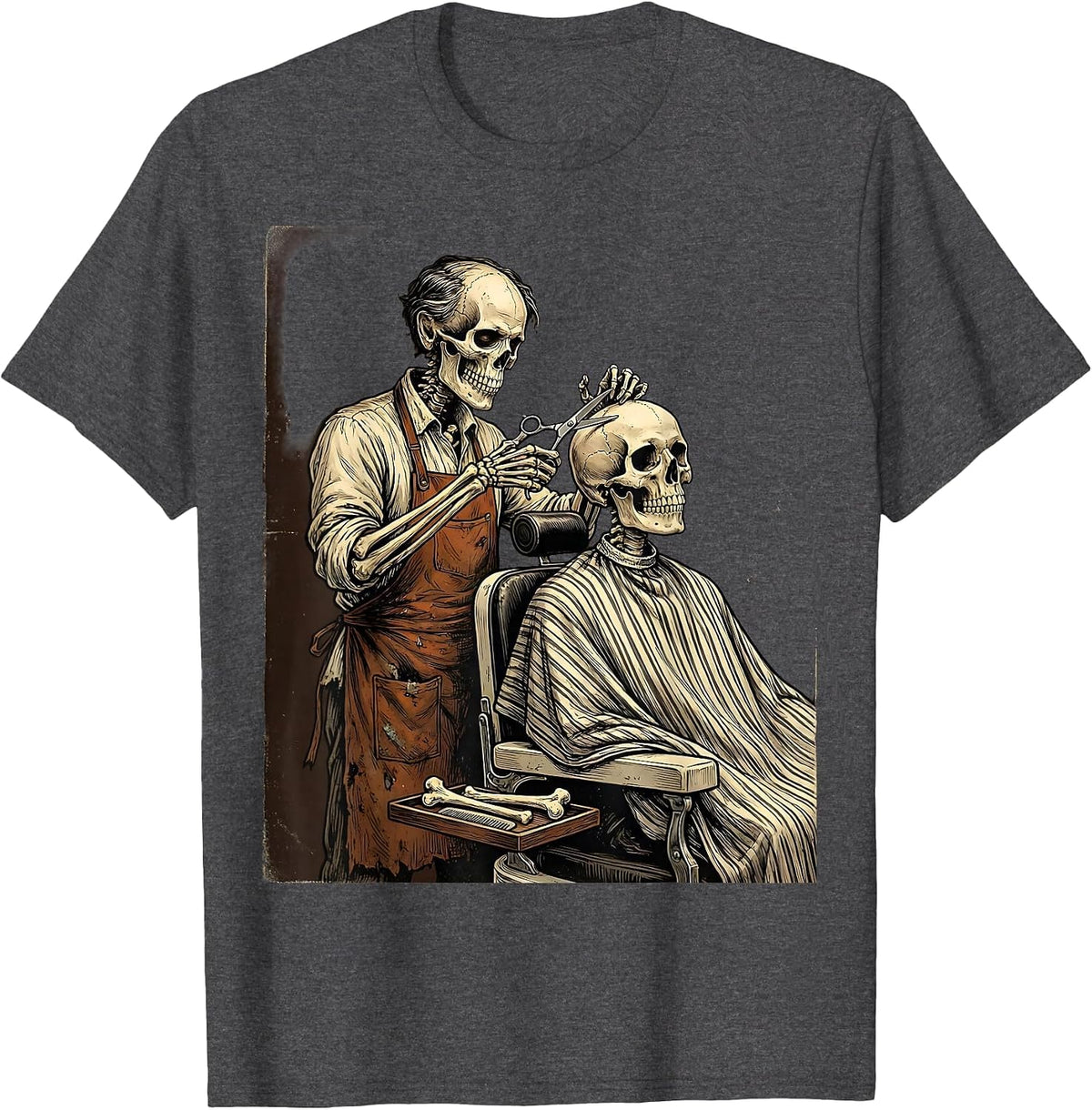 Skeleton Barber Haircut Funny Halloween Graphic T-Shirt - Dark Heather Grey