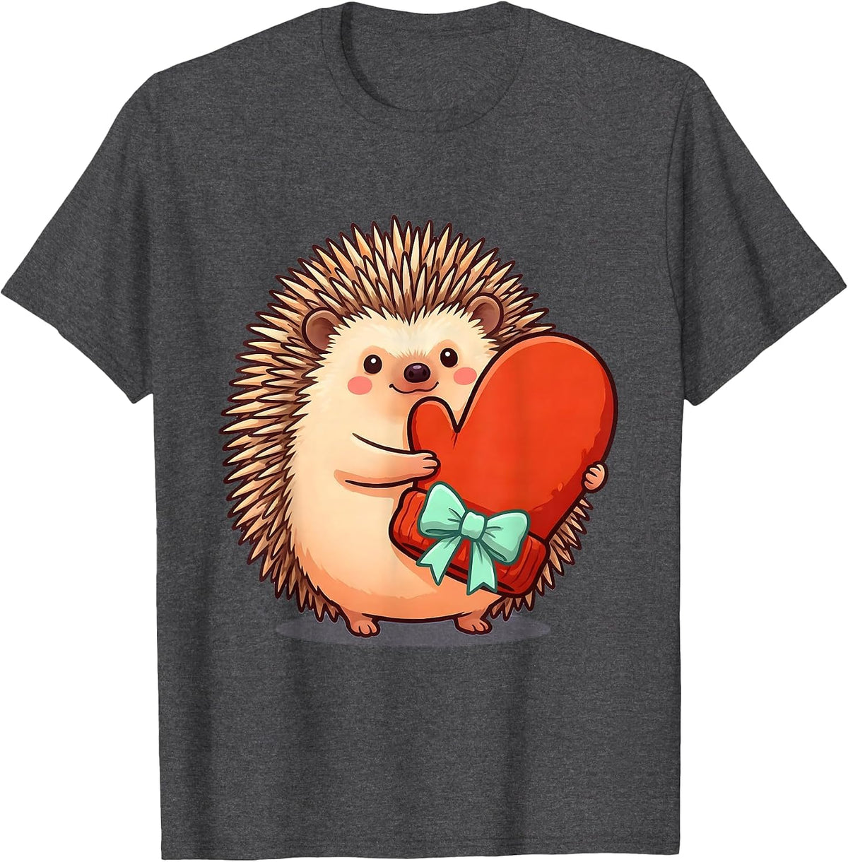 Hedgehog Hugging Christmas Mitten Cute Kawaii Animal Lover T-Shirt - Dark Heather Grey