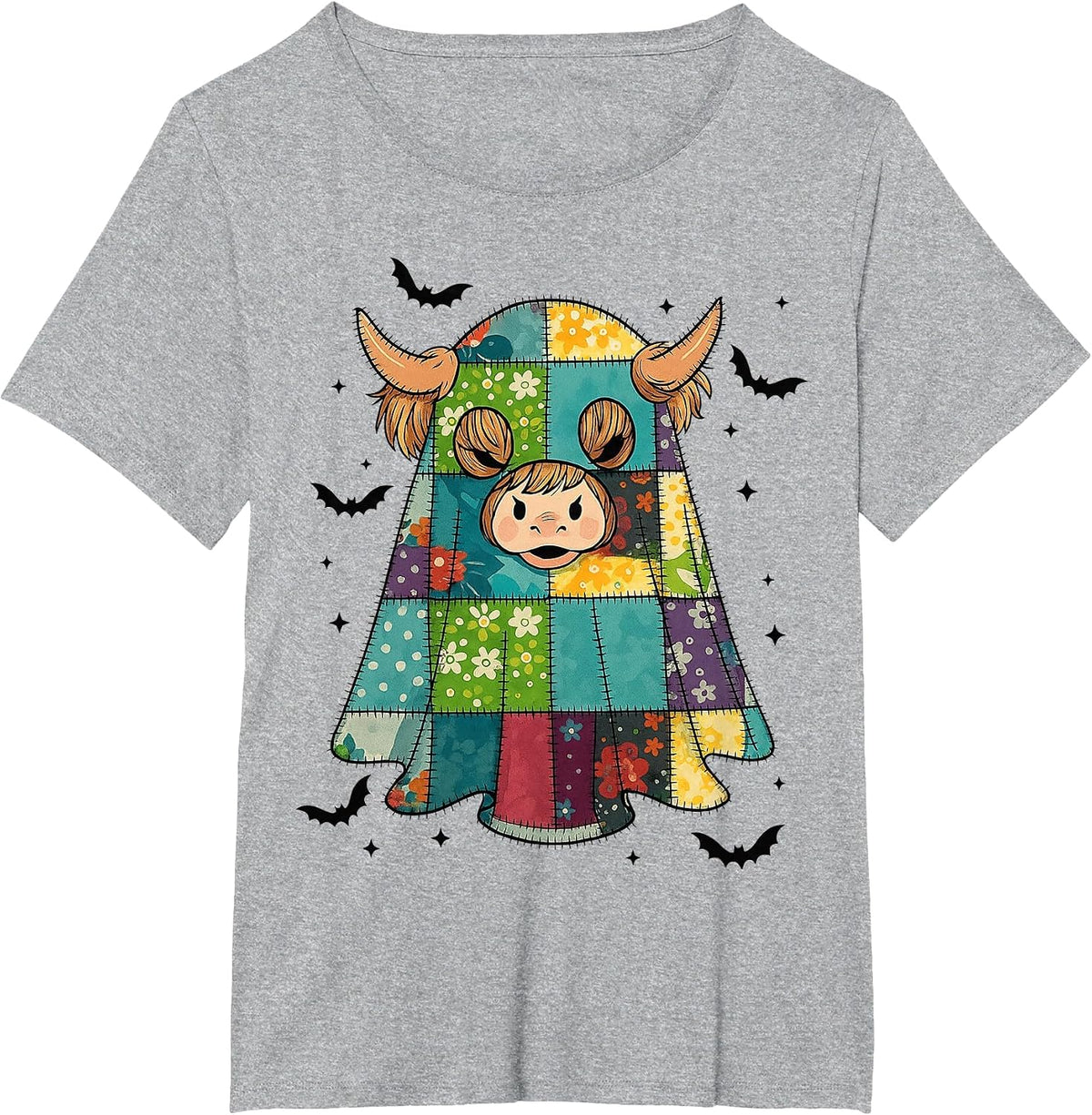 Halloween Patchwork Ghost Highland Cow Quilt Pattern T-Shirt - Heather Grey