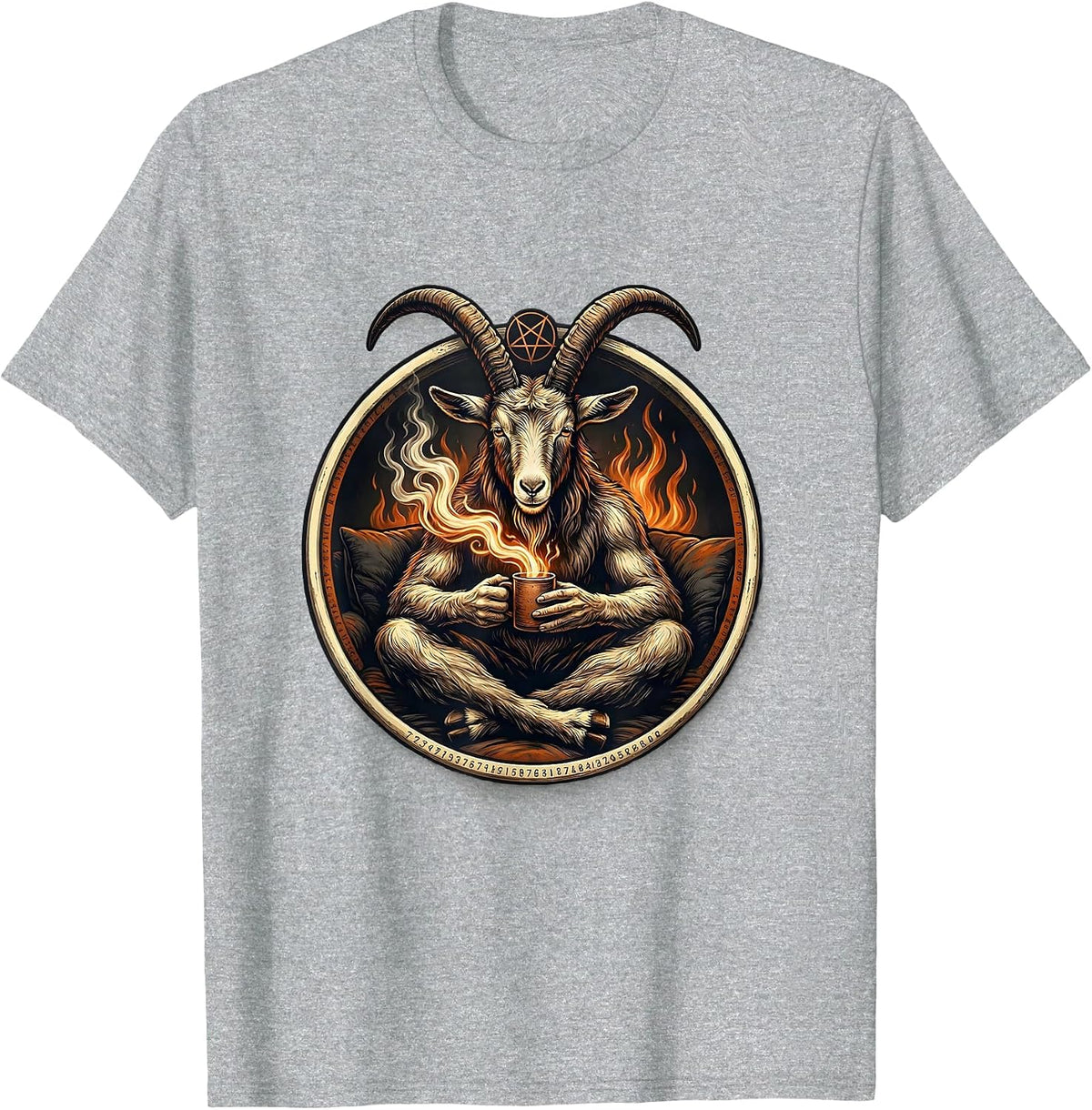 Men's Seated Baphomet Badge Occult Satanic Goat Head T-Shirt - Heather Grey