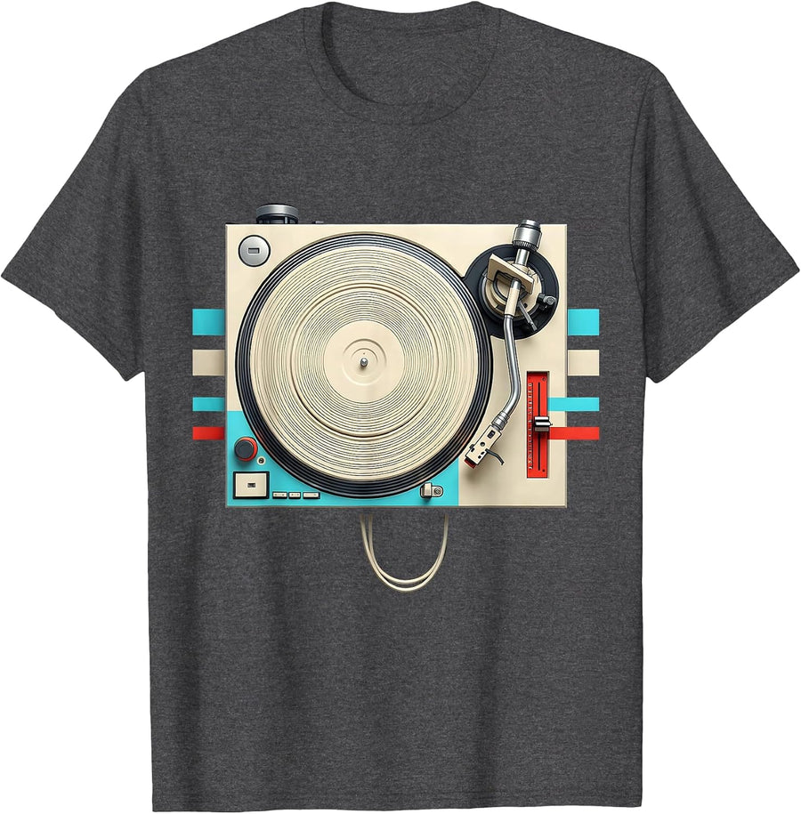 Men's Vinyl Turntable Old School Hip Hop 80s 90s Nostalgia T-Shirt - Dark Heather Grey