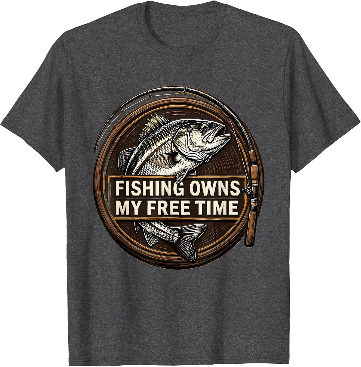 Men's Fishing Owns My Free Time Funny Fishing Humor Bass Fisherman T-Shirt - Dark Heather Grey
