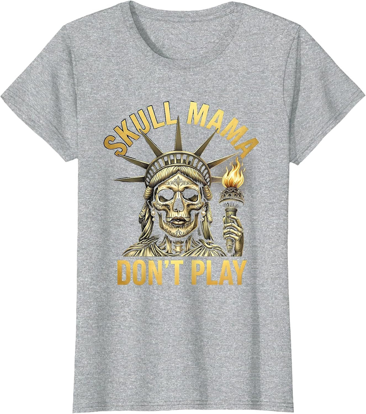 Skull Mama Don't Play Bold Graphic Design T-Shirt - Heather Grey