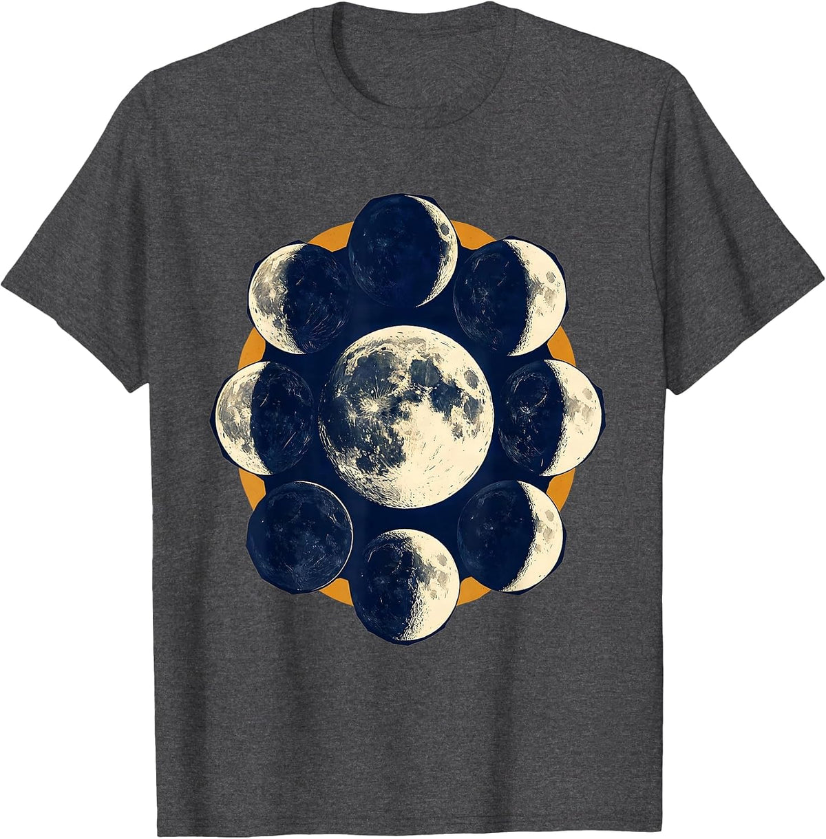 Men's Lunar Phase Cycle Astronomy Linocut Science Lover T-Shirt - Dark Heather Grey