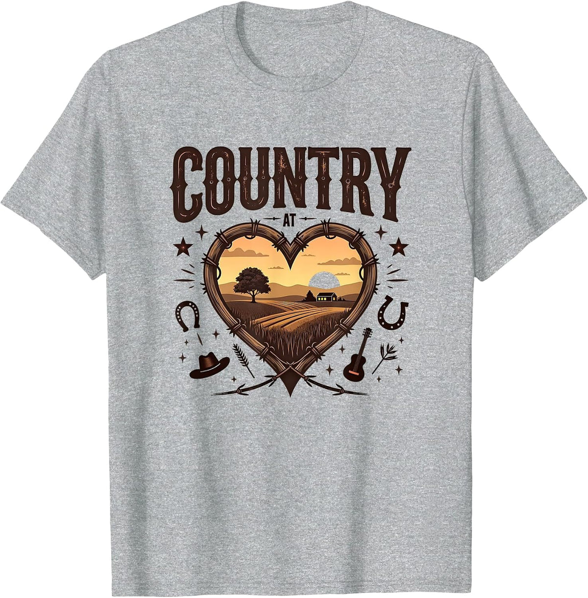 Country at Heart Rustic Farm Sunset Cowboy Western T-Shirt - Heather Grey