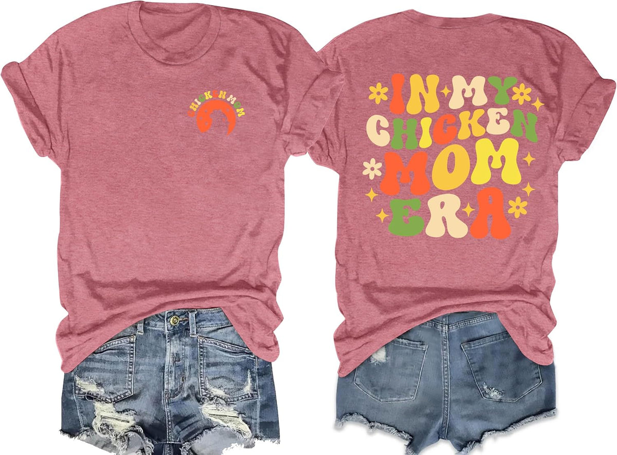 Mama Shirts for Women in My Chicken Mom Era Tee Funny Letter Print Mother's Day Casual Short Sleeve Tops - Pink