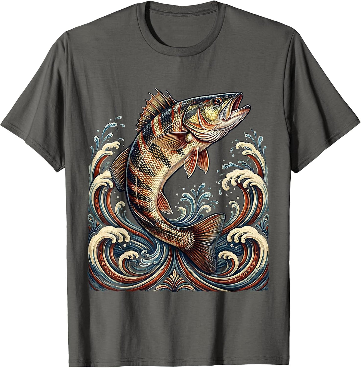 Striped Bass Leaping Ocean Waves East Coast T-Shirt - Asphalt Grey