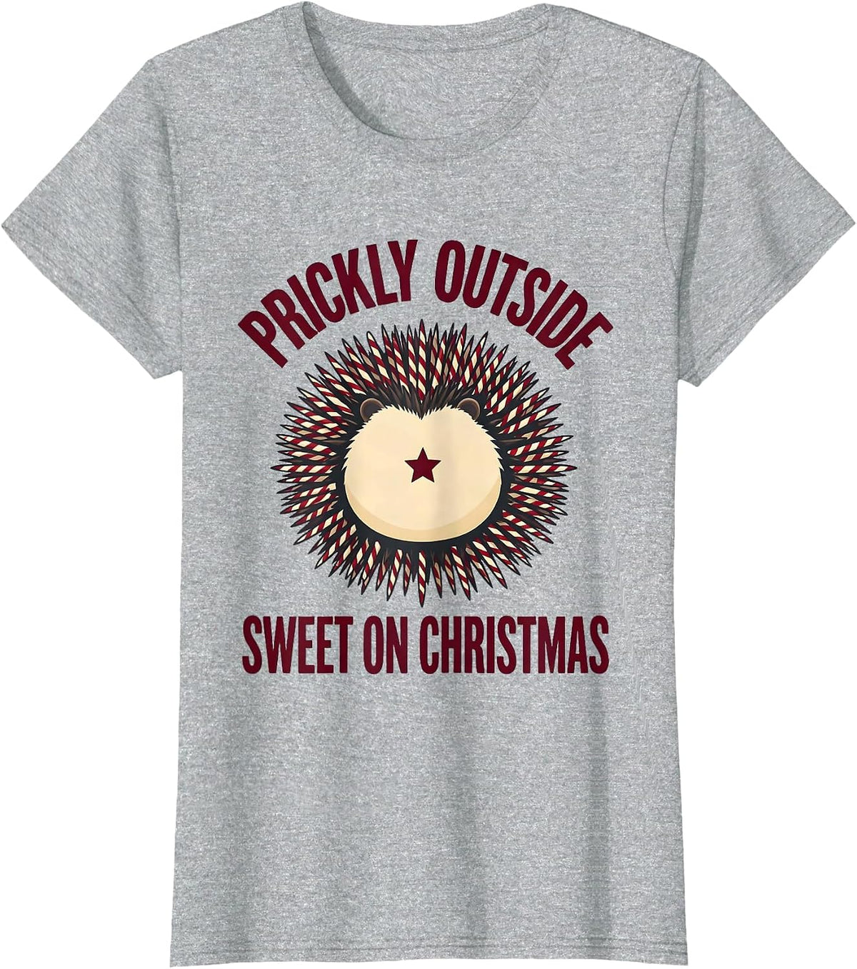 Women's Prickly Outside Sweet On Christmas Cute Hedgehog Holiday T-Shirt - Heather Grey