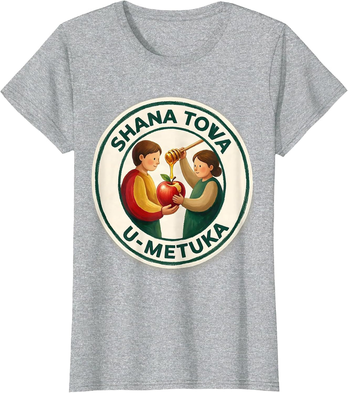 Women's Shana Tova U'Metuka Storybook Rosh Hashanah Apple Honey Pun T-Shirt - Heather Grey