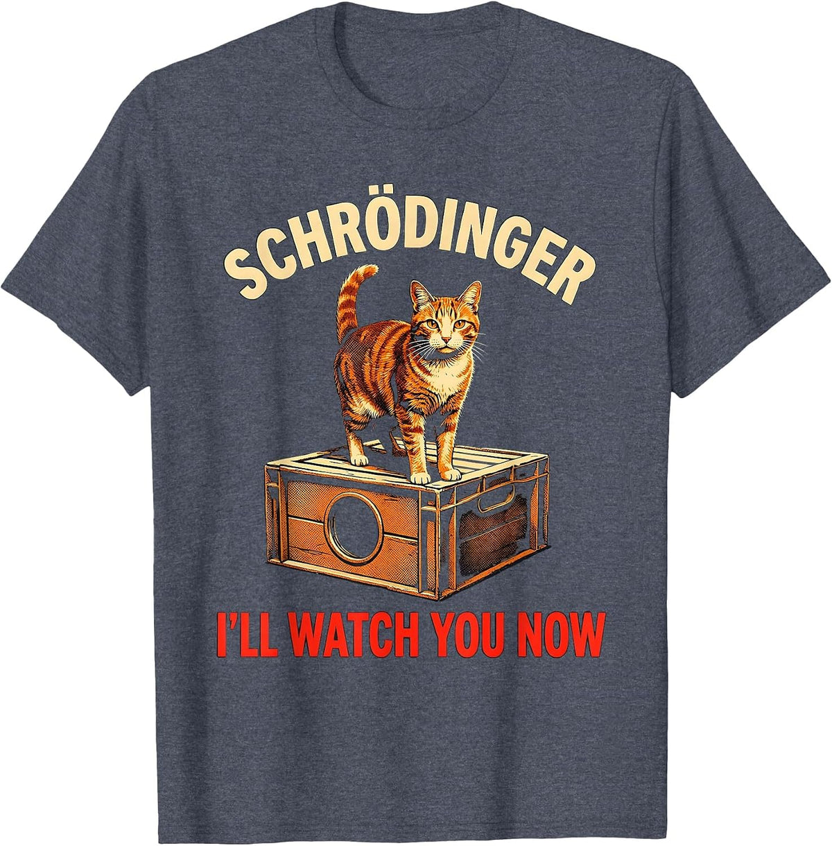 Schrödinger, I’ll Watch You Now Funny Quantum Physics Cat T-Shirt - Heather Blue