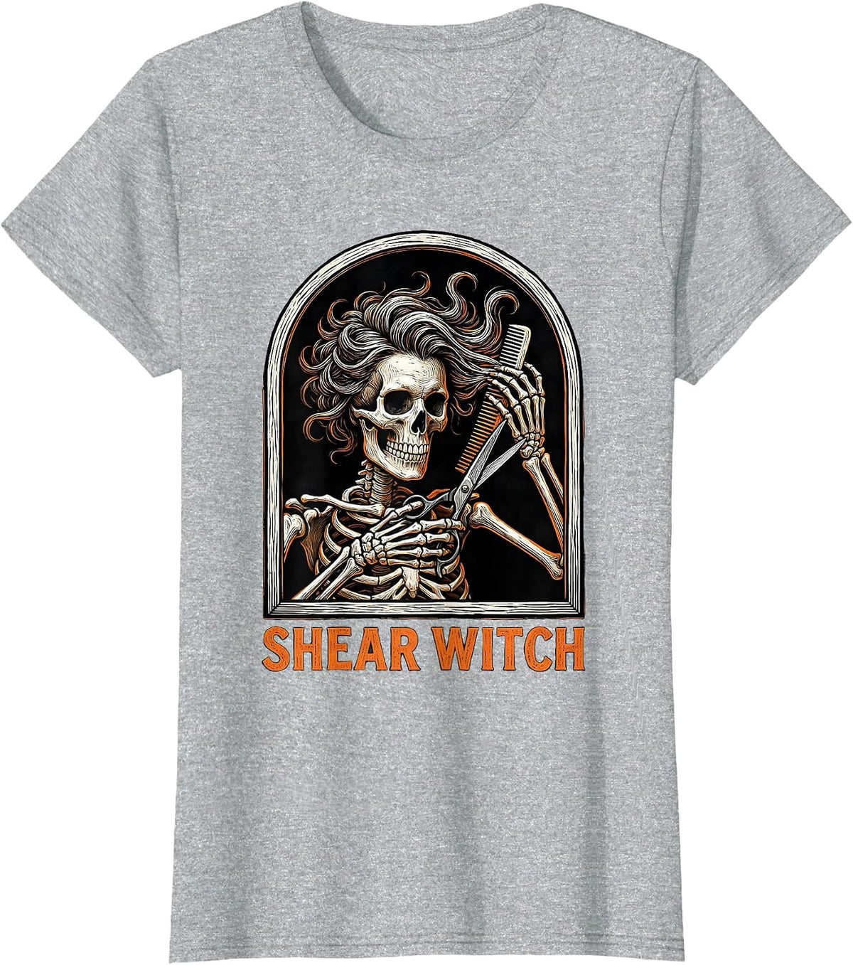Women's Shear Witch Funny Skeleton Hairdresser Halloween Barber T-Shirt - Heather Grey