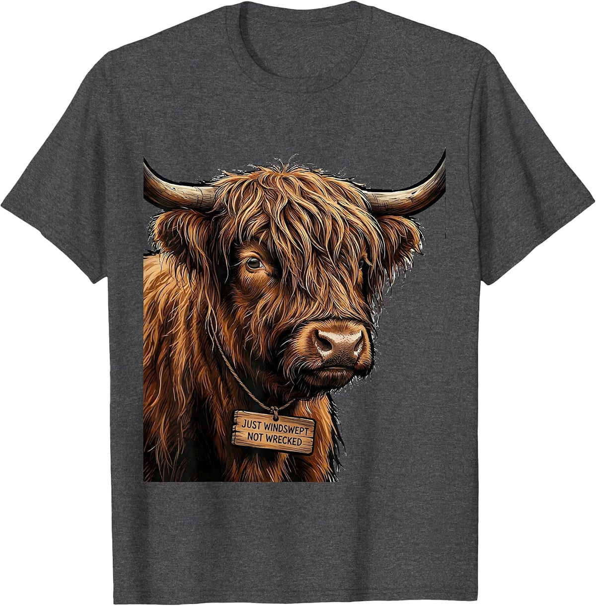 Just Windswept, Not Wrecked Funny Highland Cow Cute Scottish T-Shirt - Dark Heather Grey