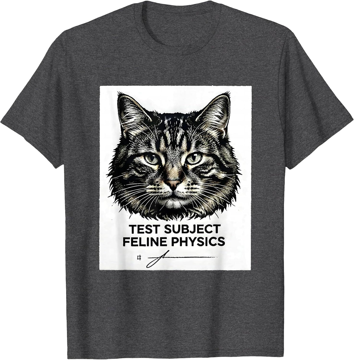 Men's Test Subject Feline Physics Funny Cat Science Math Teacher T-Shirt - Dark Heather Grey