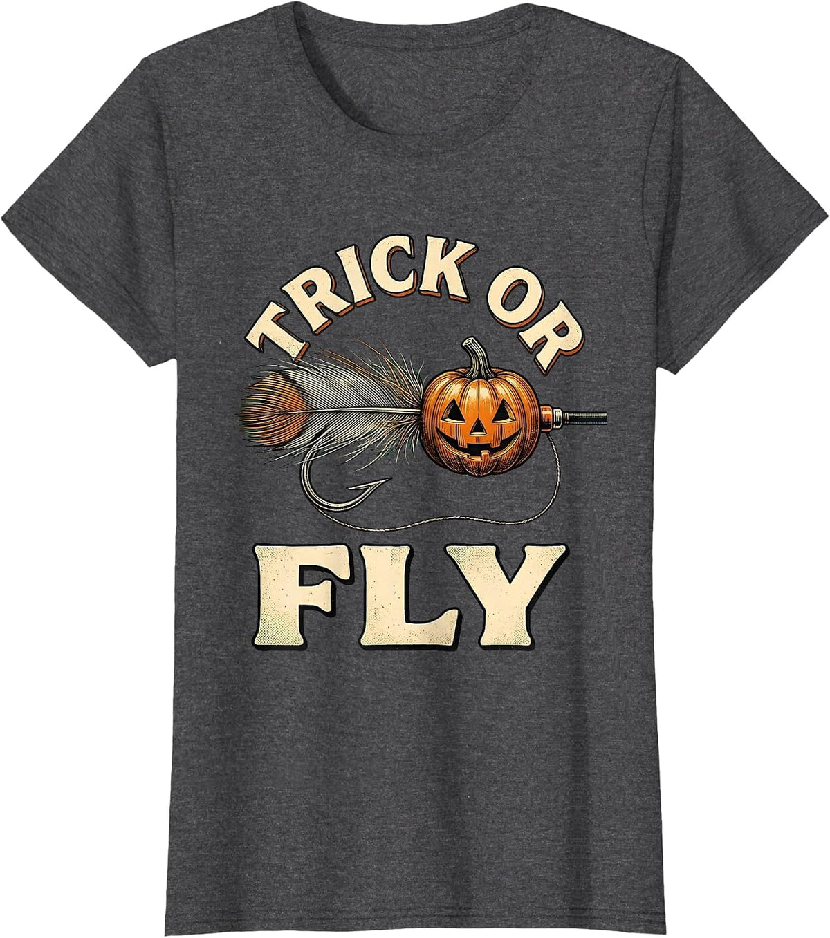 Women's Trick Or Fly Vintage Spooky Halloween Fishing Angler T-Shirt - Dark Heather Grey