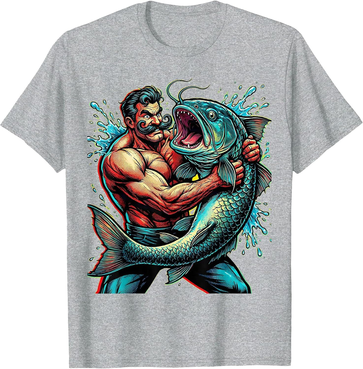 Men's Catfish Wrestling Mustached Fighter Novelty Graphic T-Shirt - Heather Grey