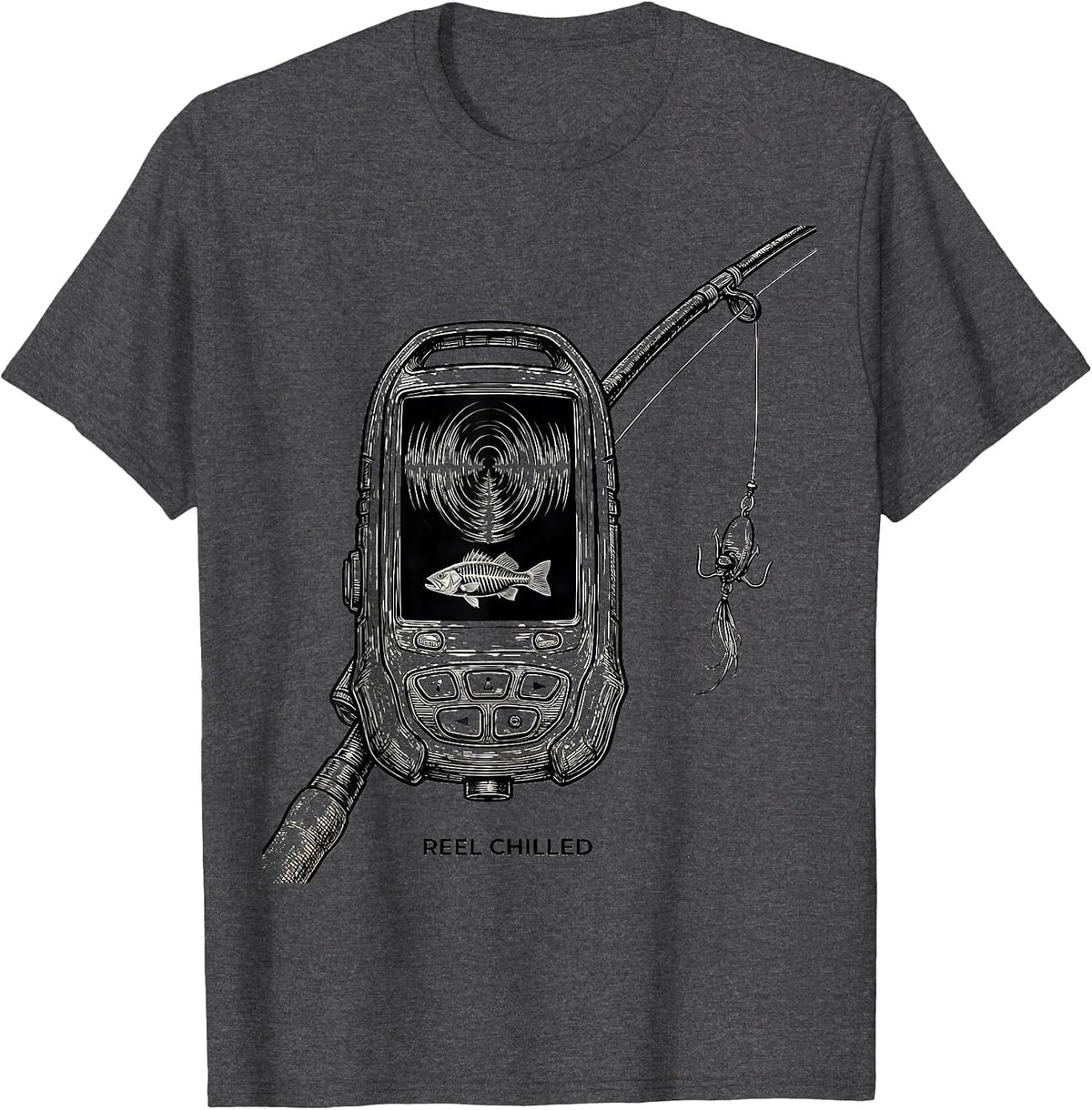 Reel Chilled Line Art Spooky Halloween Fishing Ghost T-Shirt - Dark Heather Grey