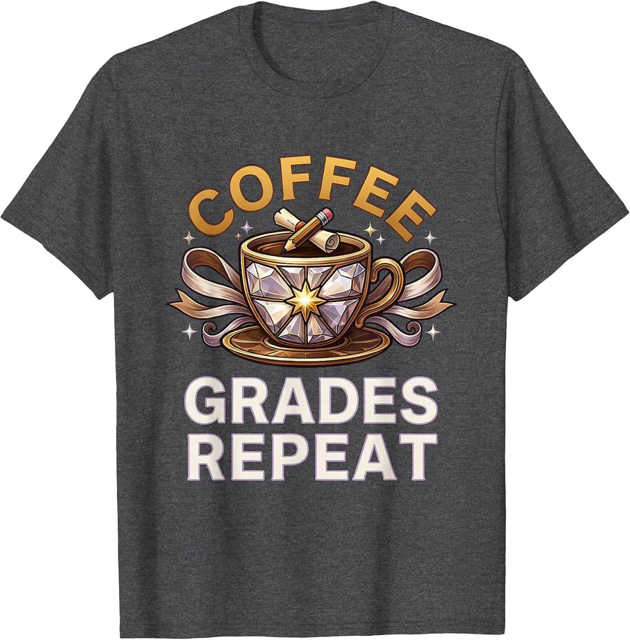 Men's Coffee Grades Repeat 4th Grade Teacher Design T-Shirt - Dark Heather Grey