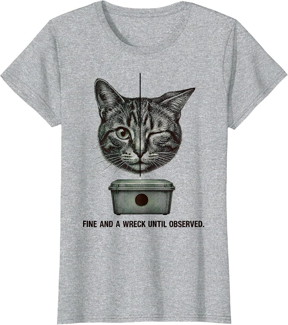 Fine and a Wreck Until Observed Quantum Physics Cat Humor T-Shirt - Heather Grey