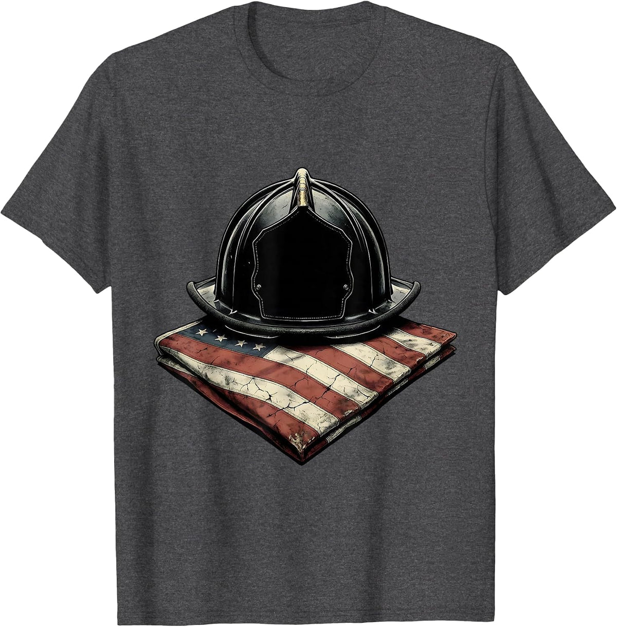 Sept 11 Memorial Firefighter Helmet Folded Flag T-Shirt - Dark Heather Grey