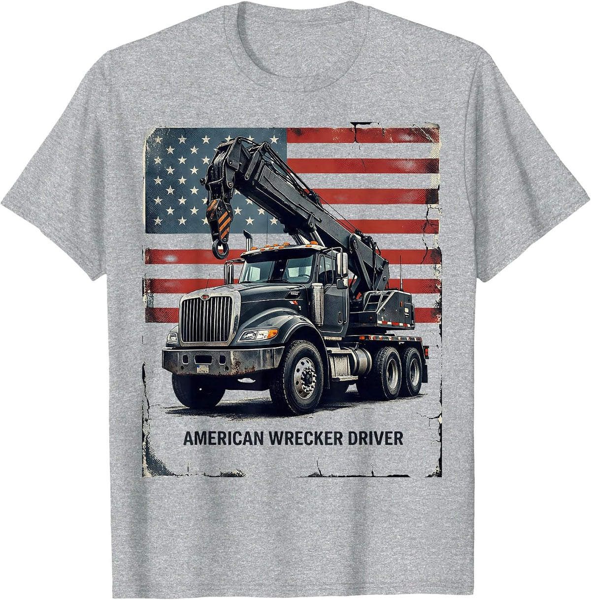 Men's American Wrecker Driver Distressed Patriotic Trucker T-Shirt - Heather Grey