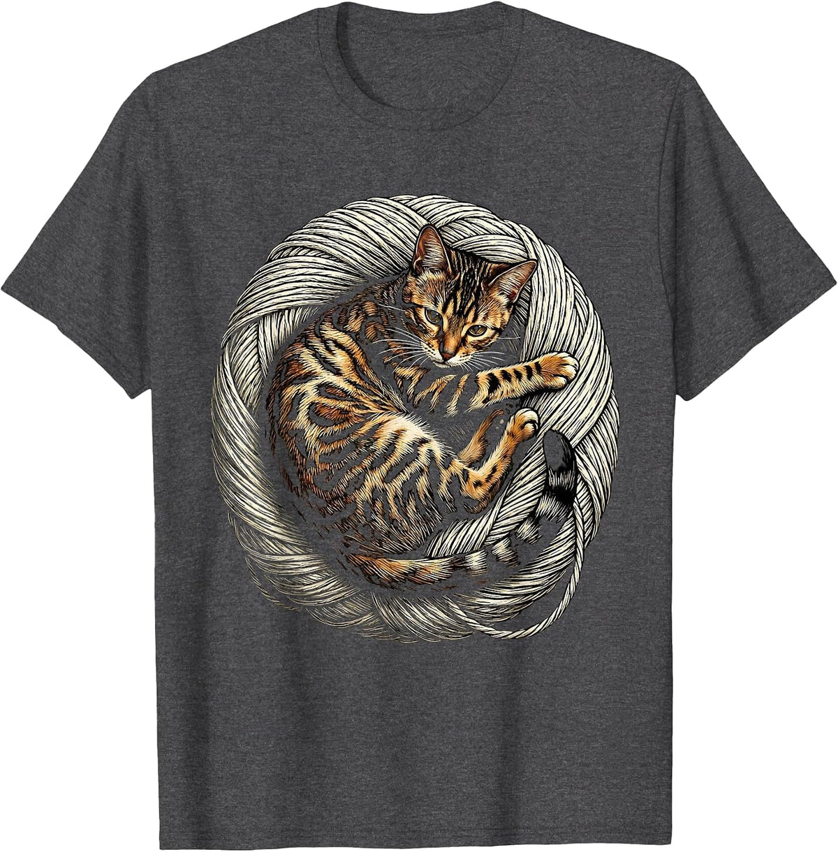 Men's Bengal Cat Tangled in Yarn Ball Graphic Tee T-Shirt - Dark Heather Grey