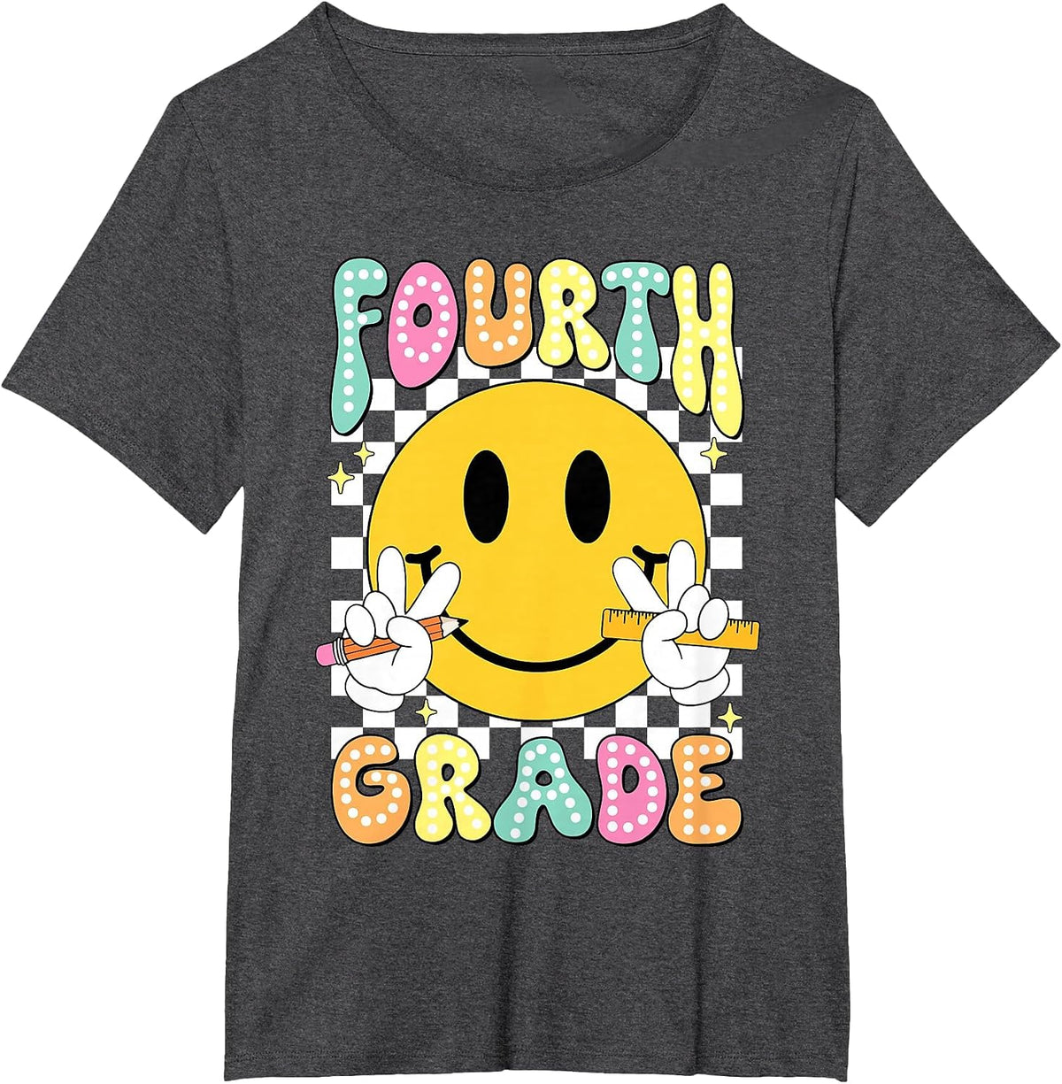 Hello Fourth Grade Smile Face Back to School Girls 4th Grade T-Shirt - Dark Heather Grey