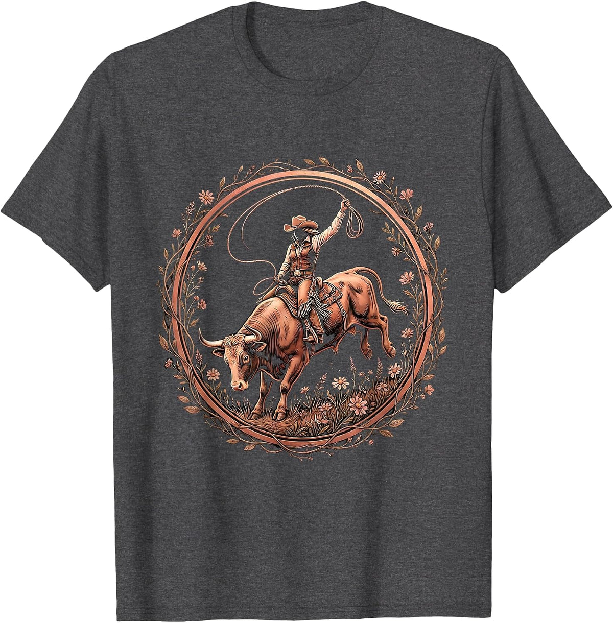 Cowgirl Bull Riding Rodeo Arena Graphic T-Shirt - Dark Heather Grey