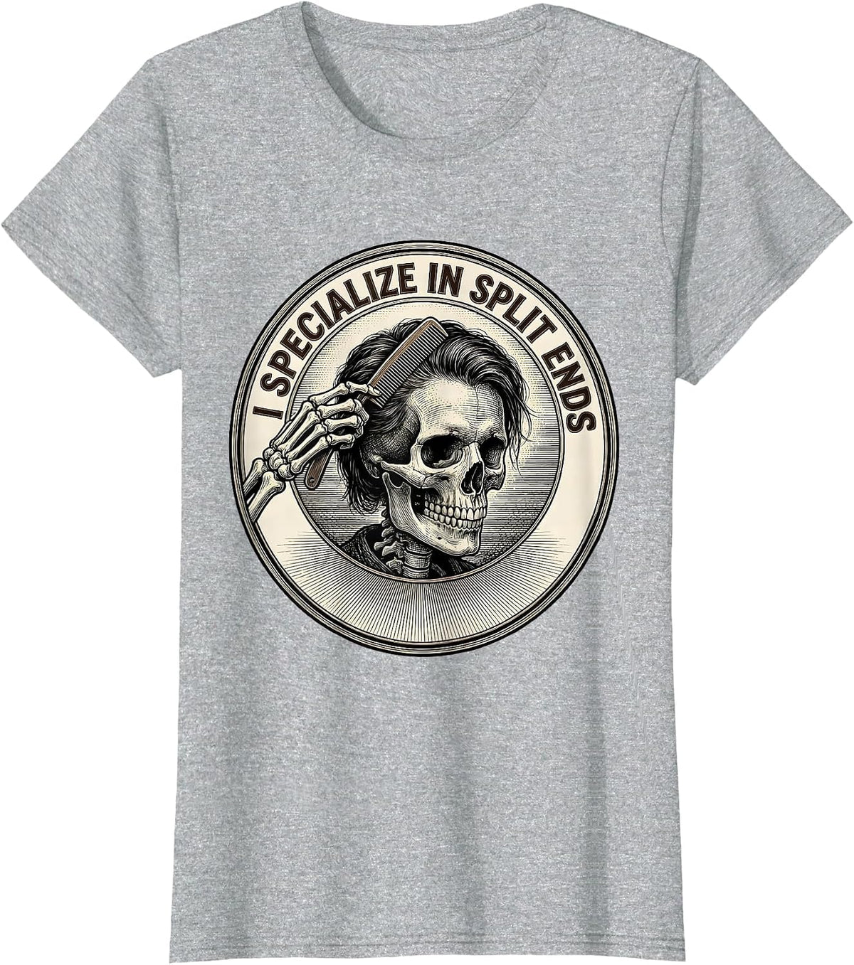 Women's I Specialize In Split Ends Funny Skeleton Hairstylist T-Shirt - Heather Grey