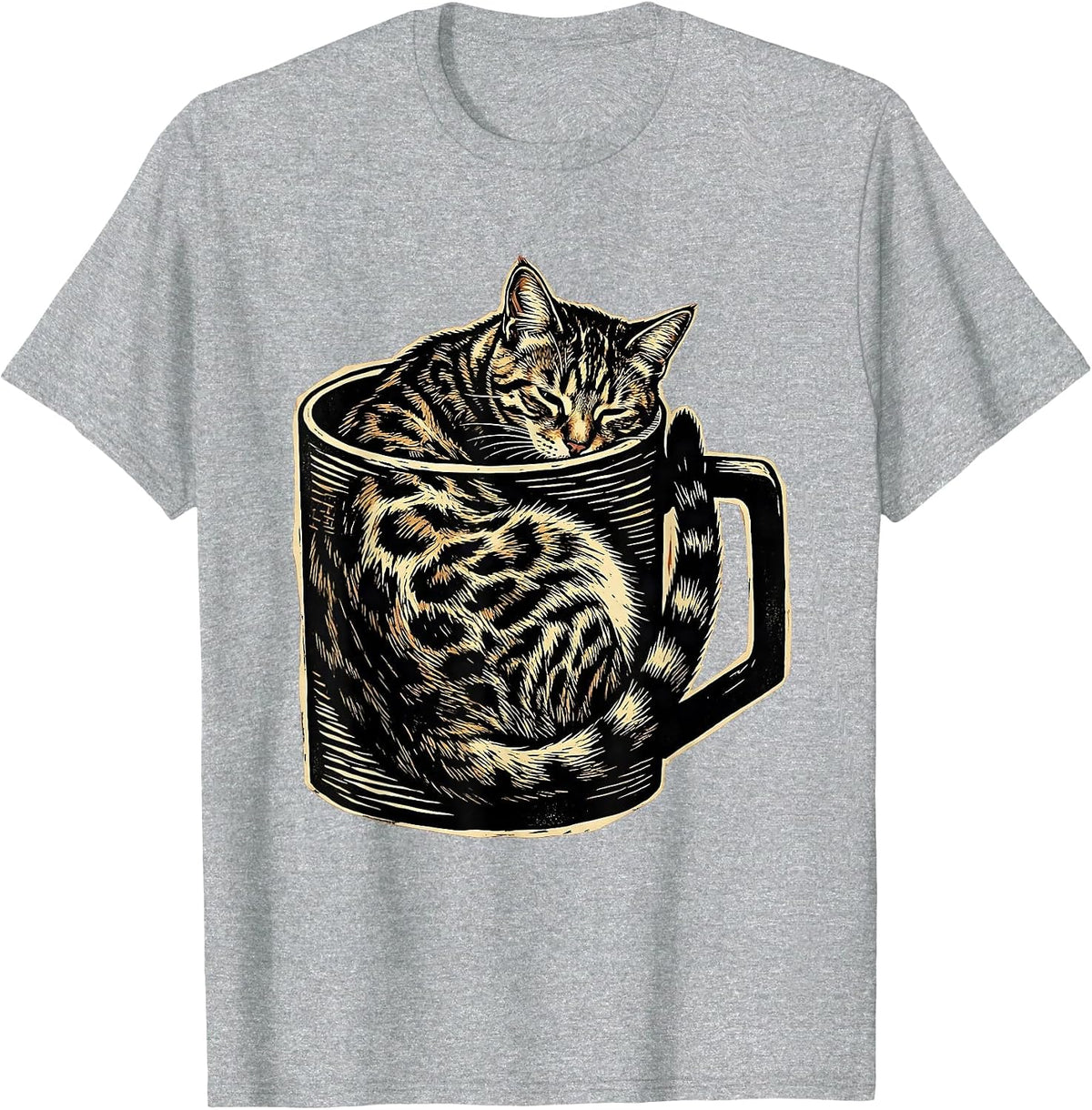 Men's Bengal Cat Curled in Coffee Mug Cute Cozy Design T-Shirt - Heather Grey