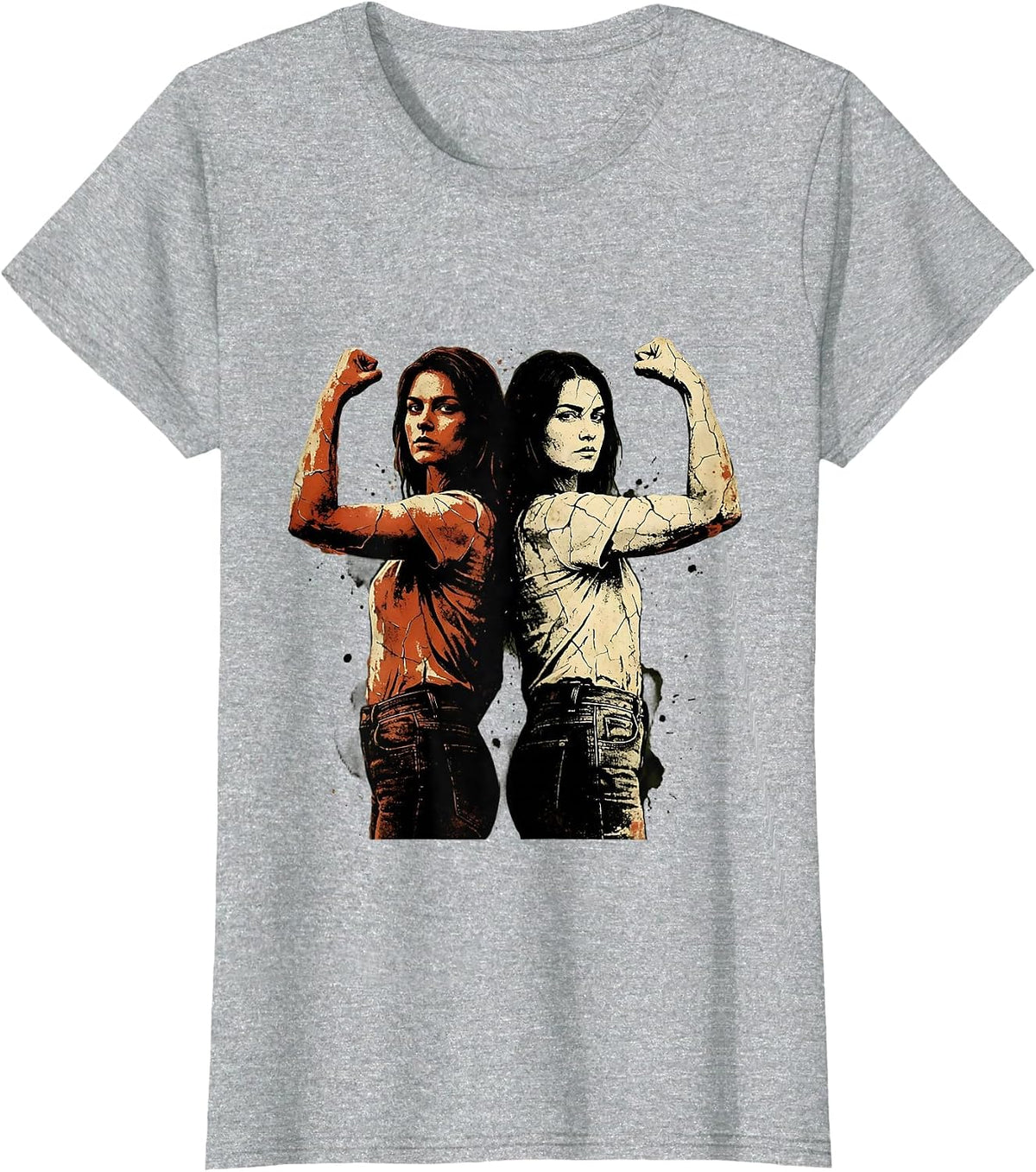 Rosie the Riveter Duo Flexing Arms Graphic T-Shirt - Heather Grey