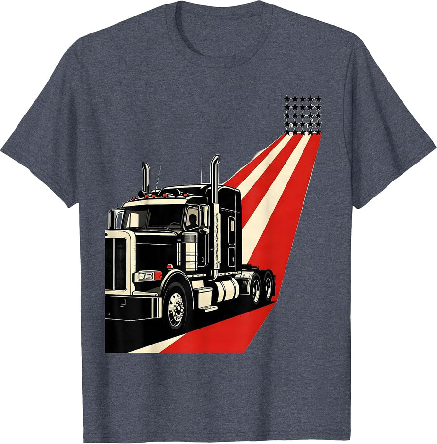 Semi Truck American Flag Driver Trucker Patriotic T-Shirt - Heather Blue