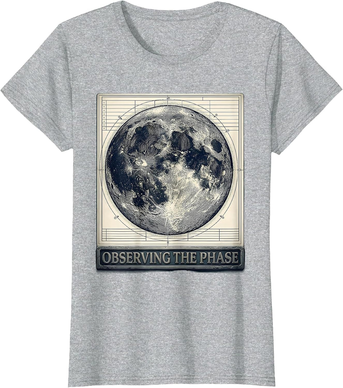 Women's Observing The Phase Crosshatch Etching Moon Phase Astronomy T-Shirt - Heather Grey