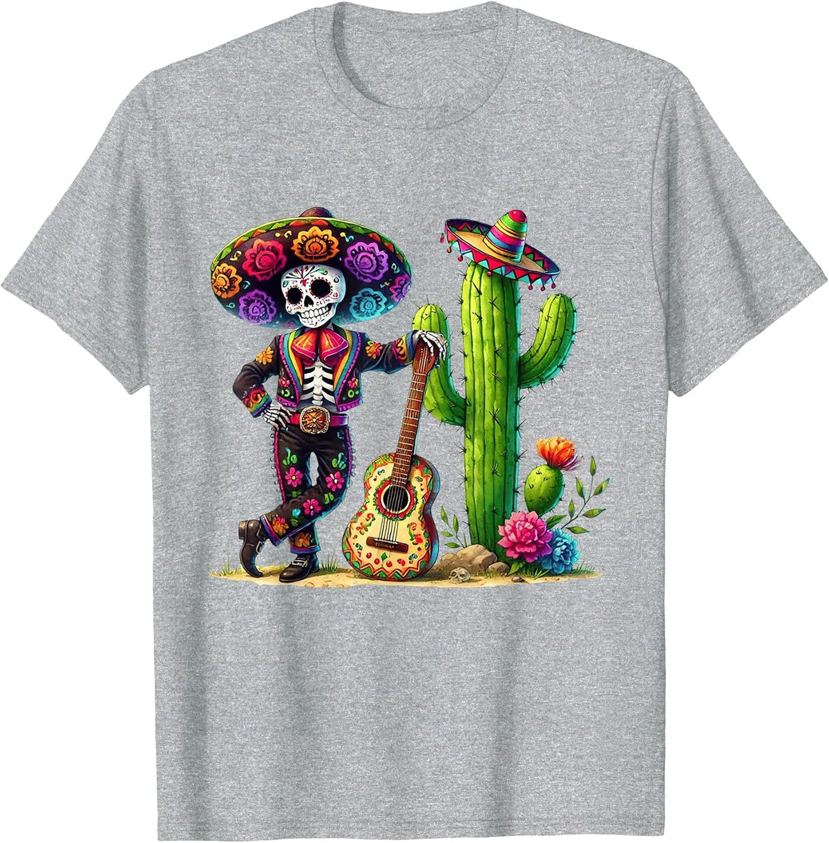 Men Skeleton Cinco De Mayo Mariachi Fiesta Guitar Cactus T-Shirt - Heather Grey