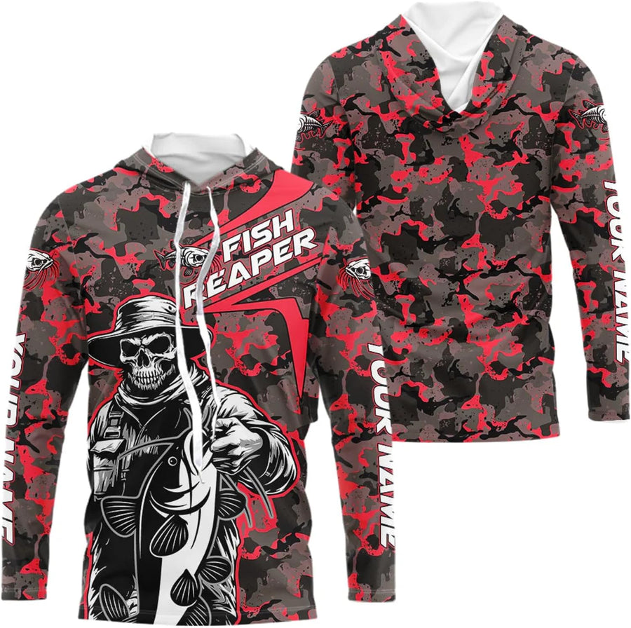 Custom Red Camouflage Catfish Fish Reaper Long Sleeve Tournament Fishing Shirts for Men - Long Sleeves Hooded Upf