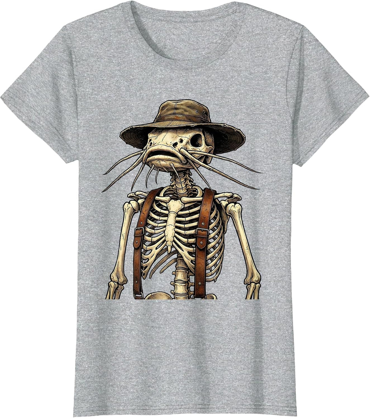 Catfish Skeleton Fisherman Suspenders Graphic T-Shirt - Heather Grey