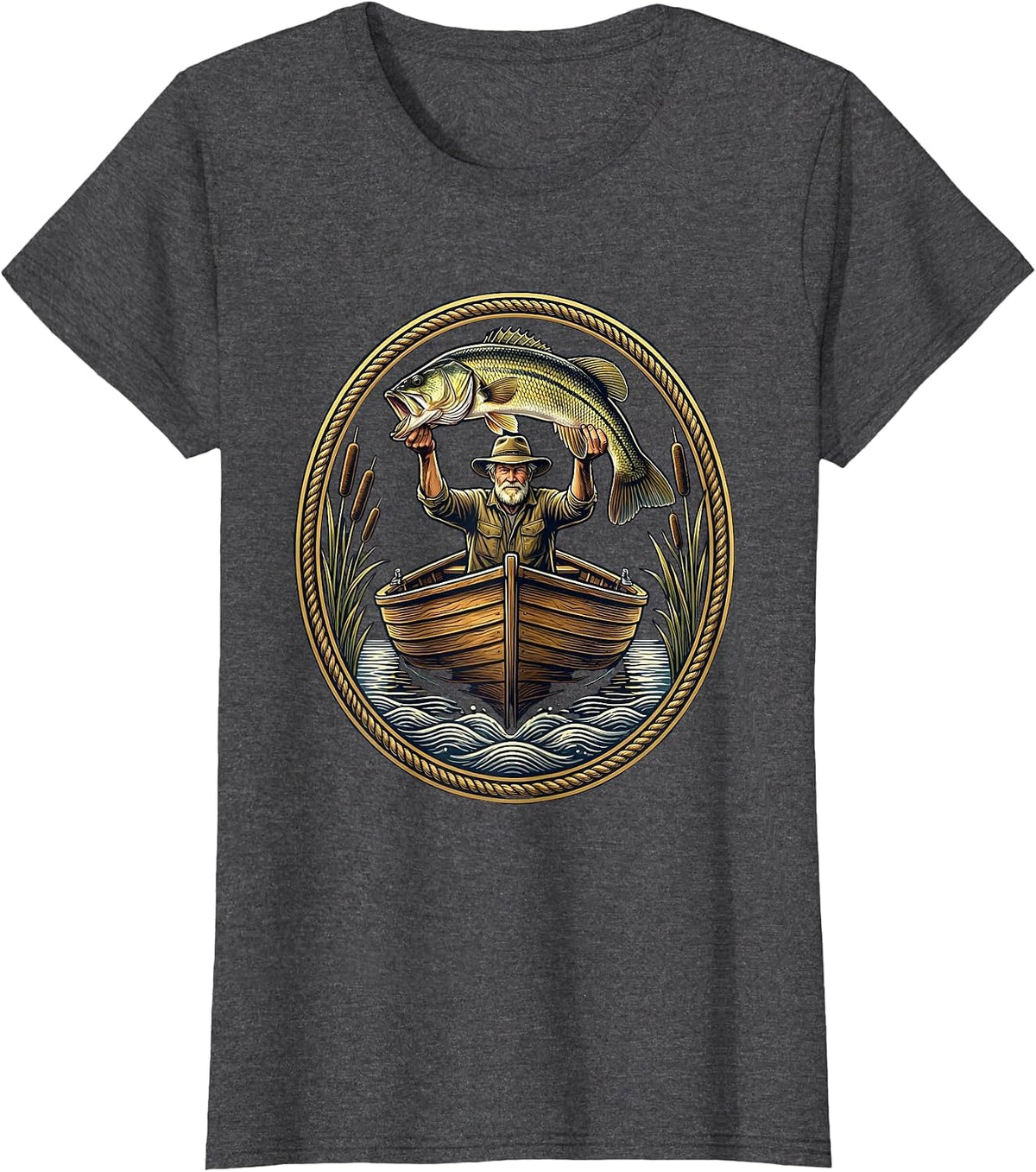 Women's Grandpa Trophy Bass Fishing Illustration T-Shirt - Dark Heather Grey