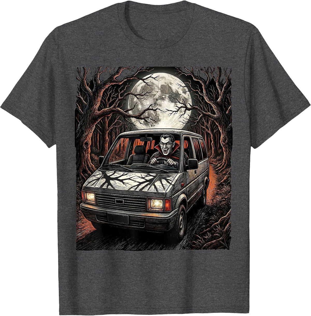 Men's Vampire Dad Haunted Minivan Halloween Design T-Shirt - Dark Heather Grey