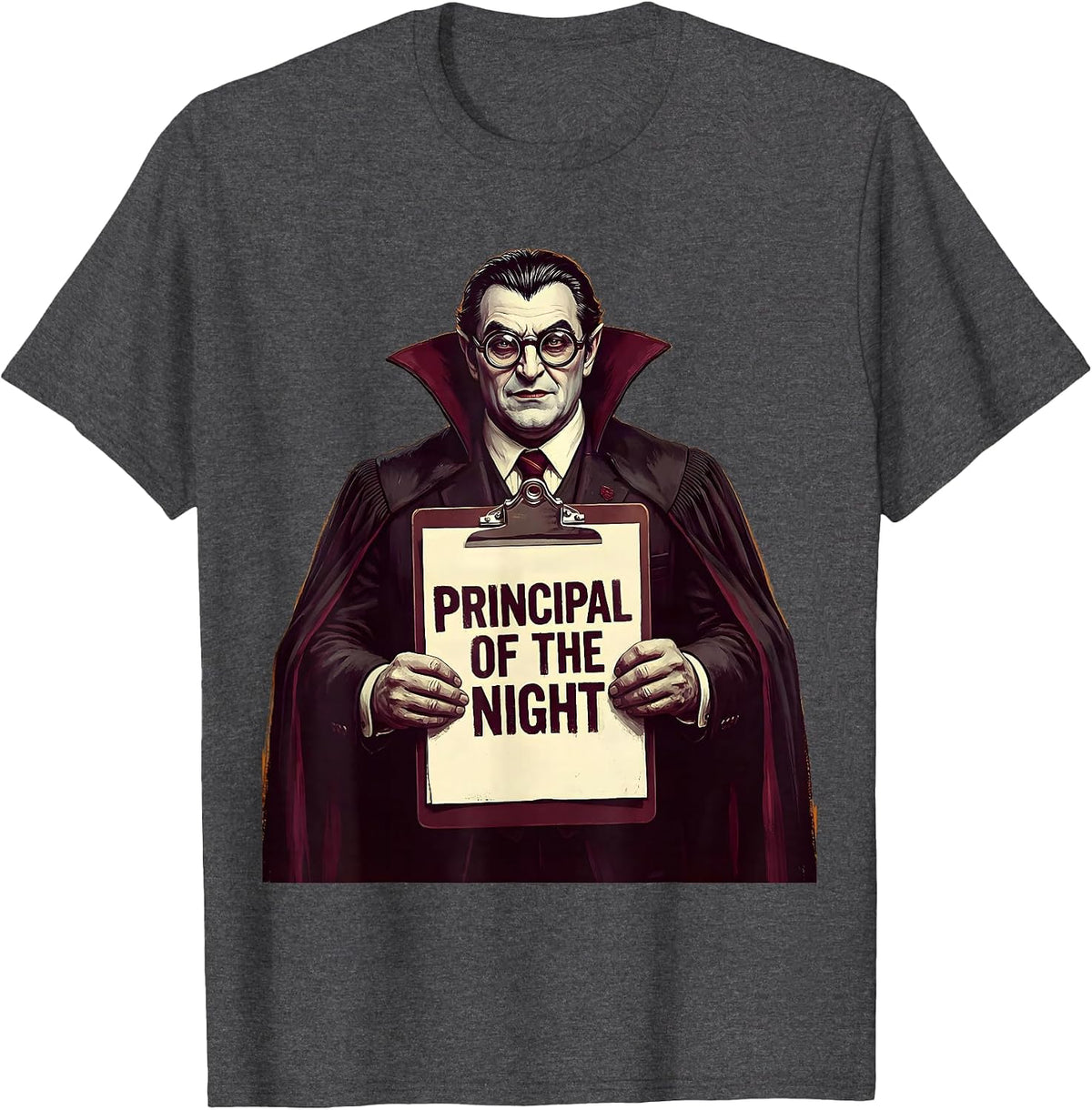 Principal of the Night Halloween Vampire Design T-Shirt - Dark Heather Grey