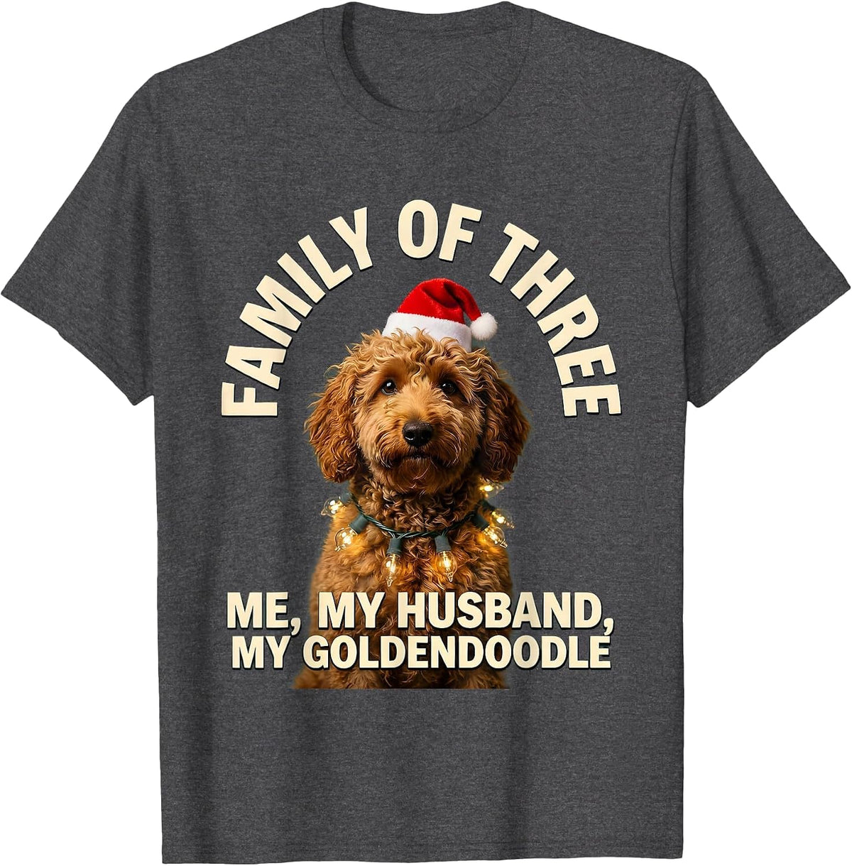 Men's Family of Three: Me, My Husband, My Goldendoodle Christmas T-Shirt - Dark Heather Grey