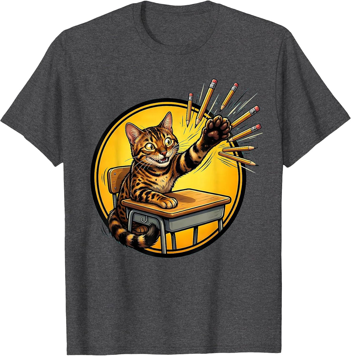 Bengal Cat Back to School Pencil Chaos Design T-Shirt - Dark Heather Grey