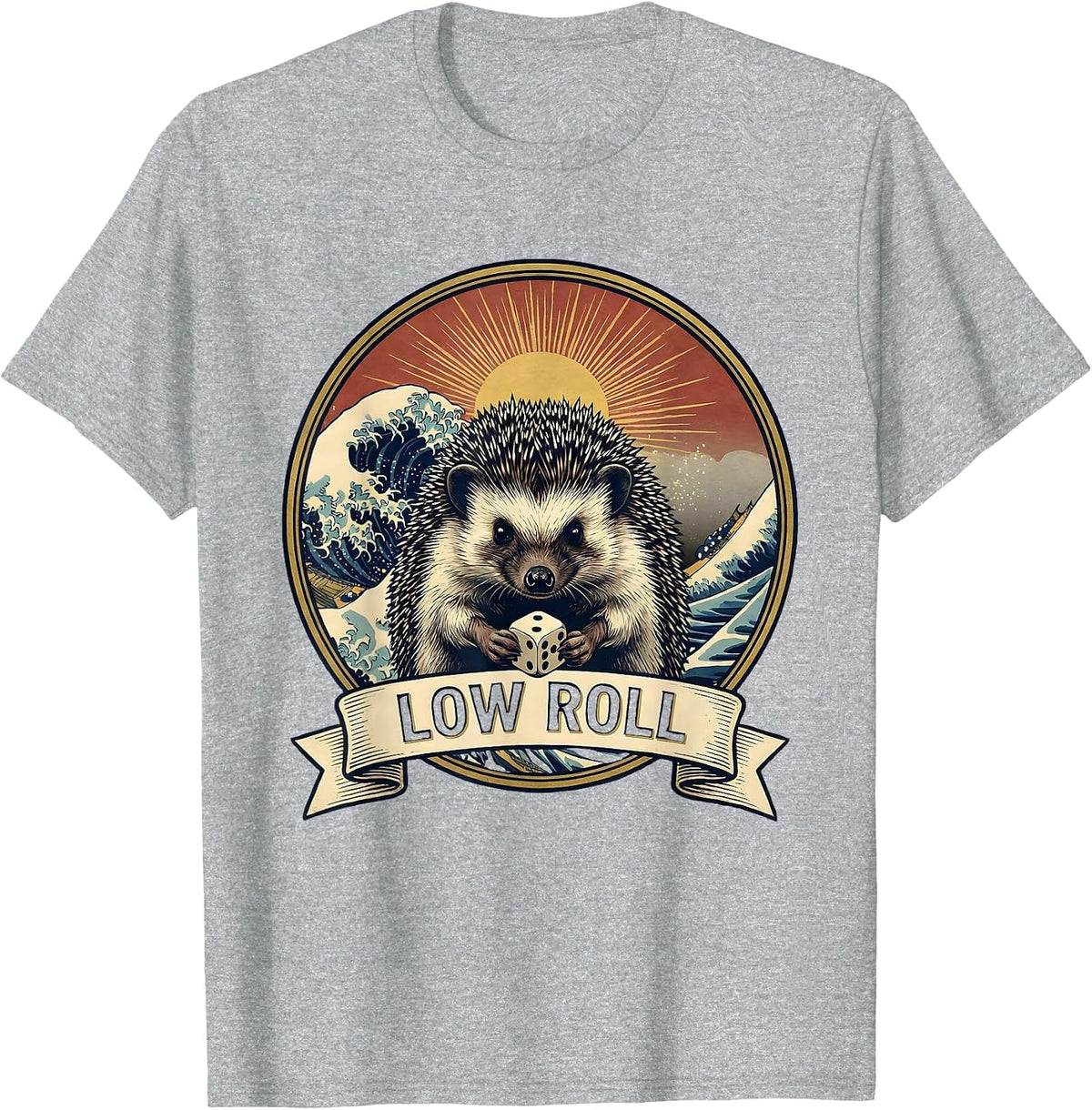 Men's Low Roll Solitary Hedgehog Gamer Frog Ukiyo-e Novelty T-Shirt - Heather Grey