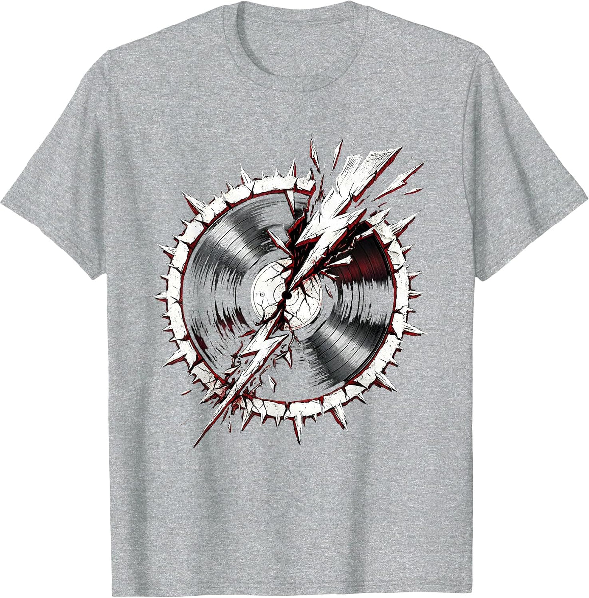 Men's Vinyl Record Lightning Bolt Crack Rock Music Tee T-Shirt - Heather Grey