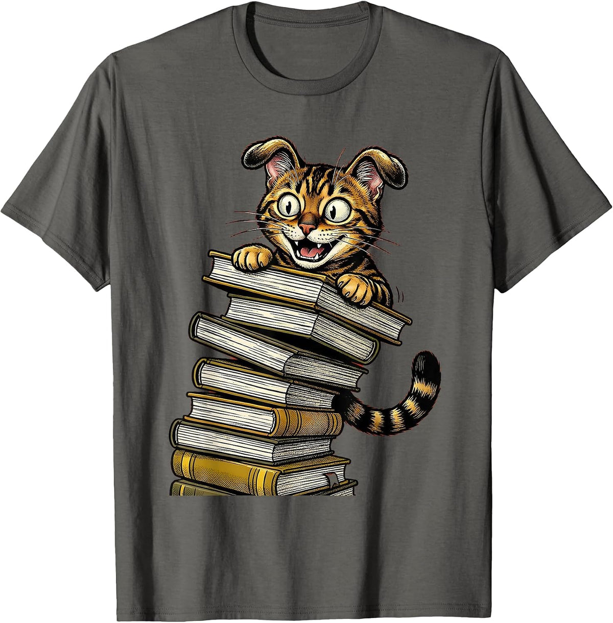 Bengal Cat Peeking Behind Textbooks Back to School T-Shirt - Asphalt Grey