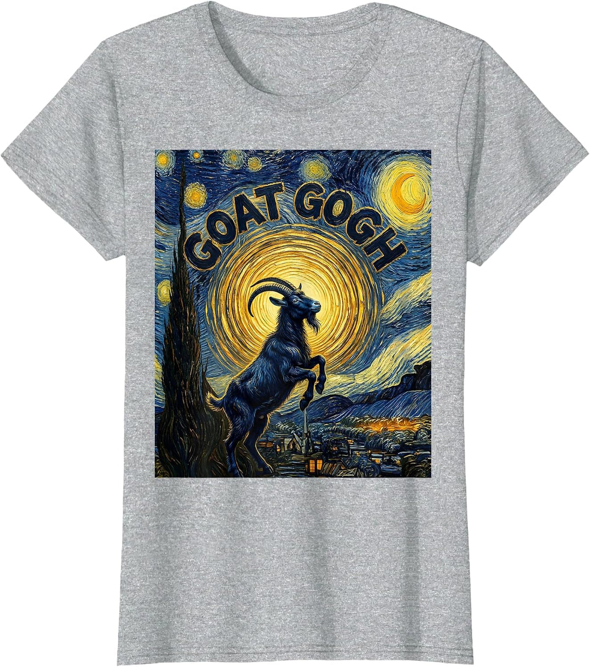 Goat Gogh Post-Impressionist Night Field Pet Lover Humor T-Shirt - Heather Grey