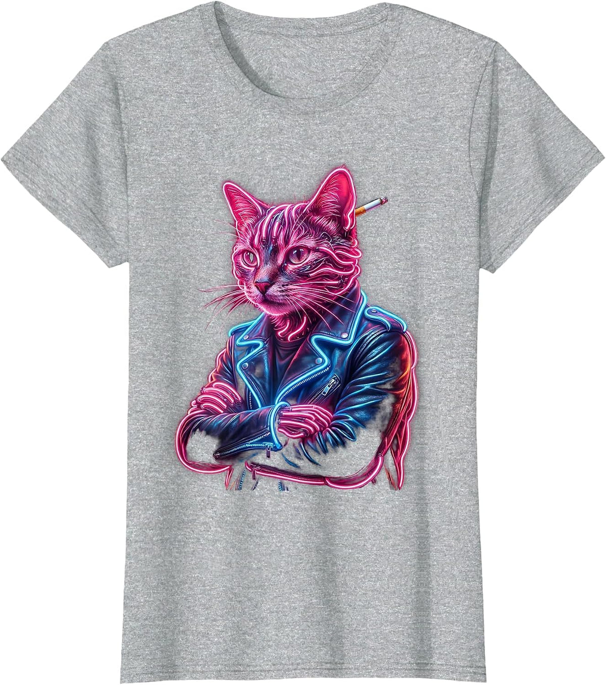 Cool Cat in Leather Jacket Graphic Tee T-Shirt - Heather Grey