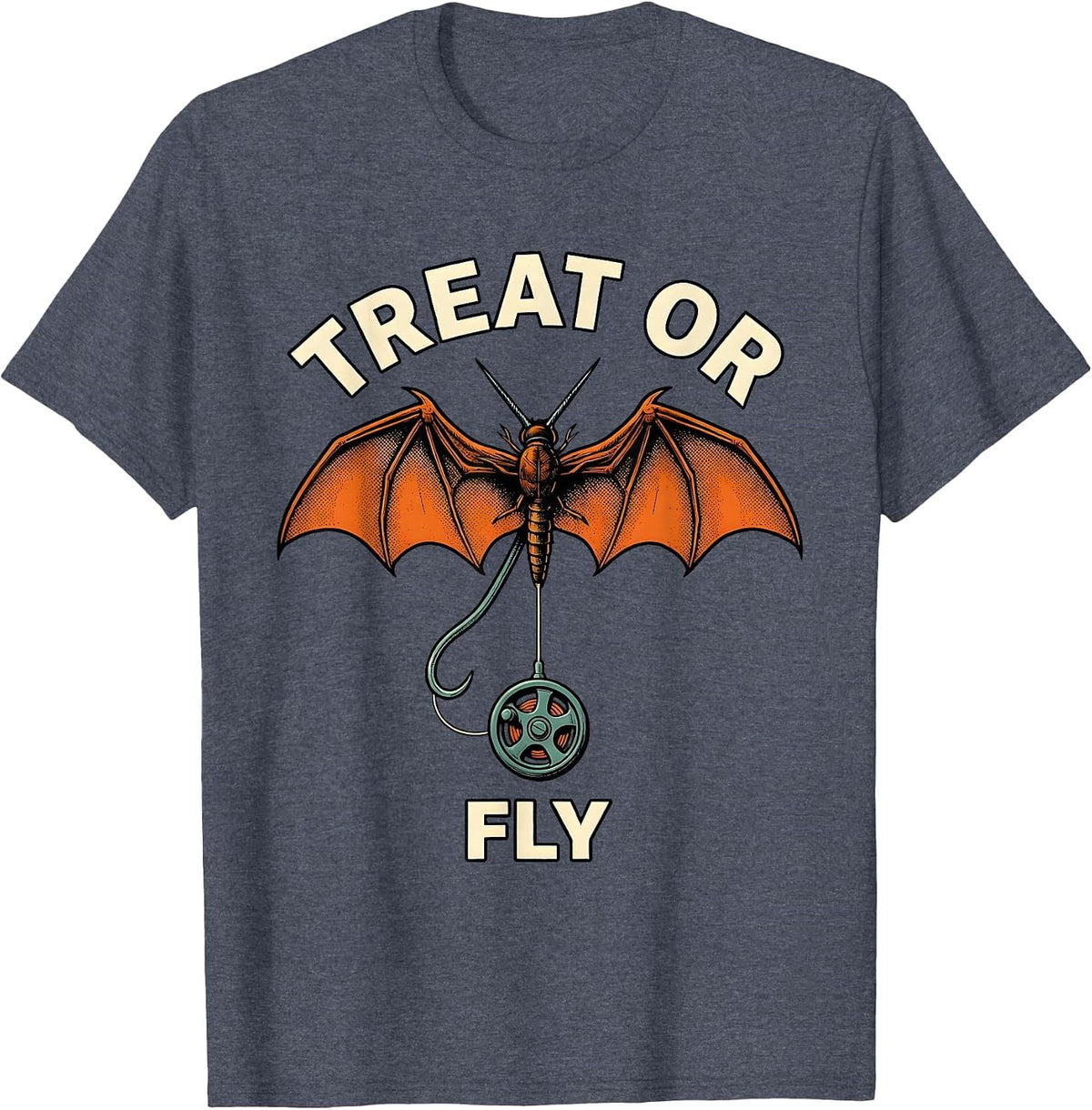 Treat Or Fly Spooky Halloween Fishing Angler Gift T-Shirt - Heather Blue