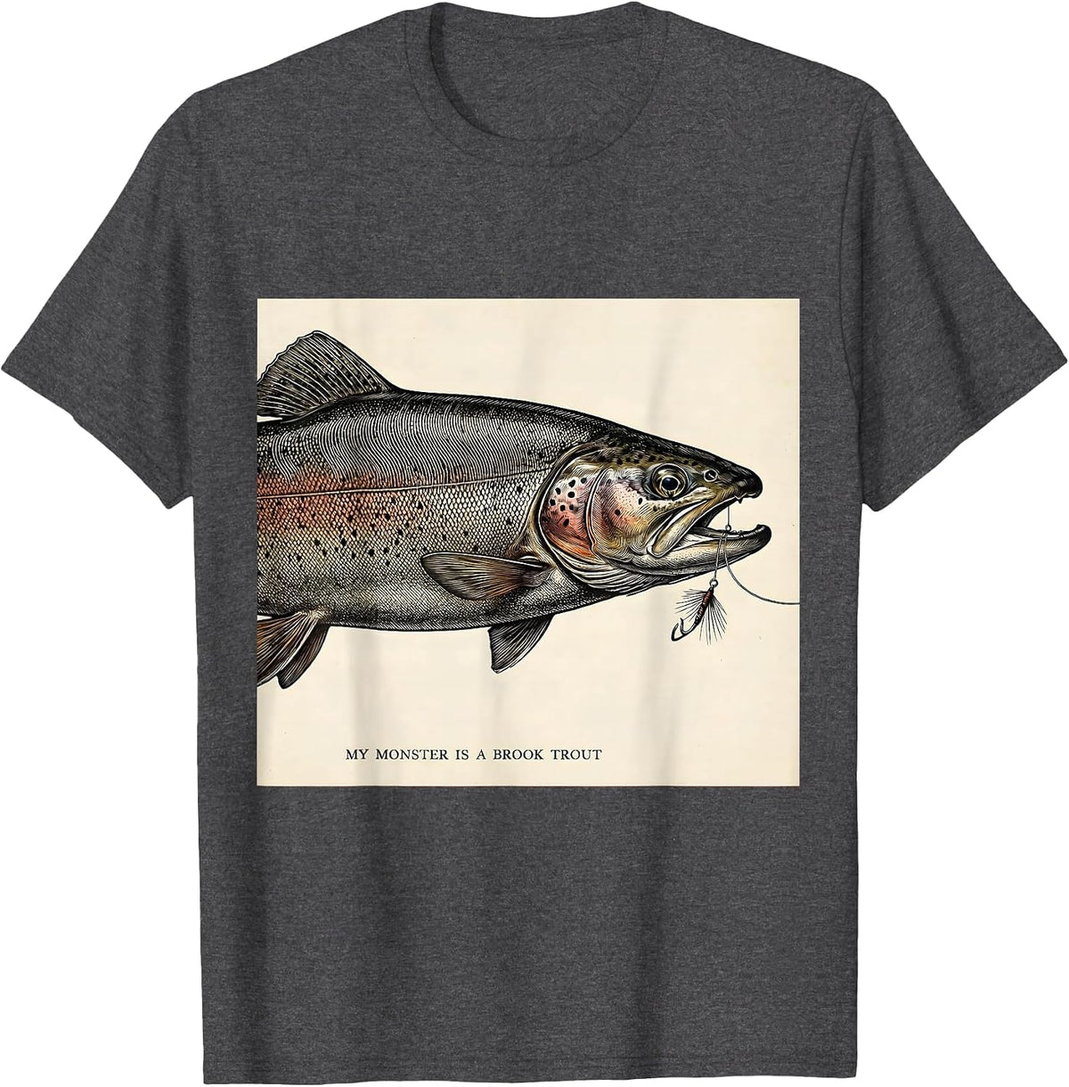 Men's My Monster Is A Brook Trout Spooky Halloween Fishing Humor T-Shirt - Dark Heather Grey